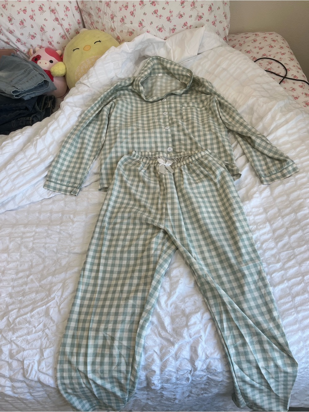 Adult Green Gingham Pajama Set - Soft Cotton Sleepwear